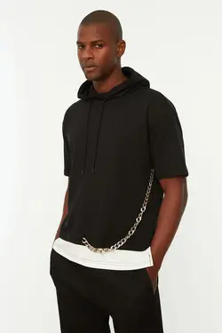 سوییشرت از داخل کلاهدار مردانه تیکه دار طرح زنجیر‎دار مشکی برند TRENDYOL MAN کد 1646466957