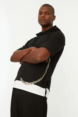 سوییشرت از داخل کلاهدار مردانه تیکه دار طرح زنجیر‎دار مشکی برند TRENDYOL MAN کد 1646466957