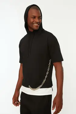 سوییشرت از داخل کلاهدار مردانه تیکه دار طرح زنجیر‎دار مشکی برند TRENDYOL MAN کد 1646466957