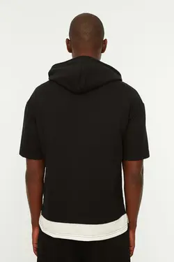 سوییشرت از داخل کلاهدار مردانه تیکه دار طرح زنجیر‎دار مشکی برند TRENDYOL MAN کد 1646466957