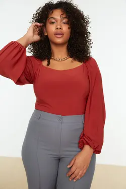 بلوز بافتنی یقه مربع آجری برند Trendyol Curve کد 1646465986