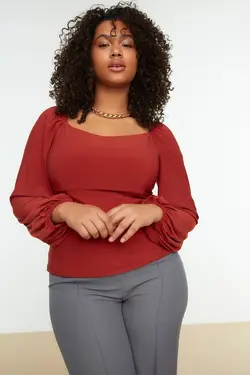 بلوز بافتنی یقه مربع آجری برند Trendyol Curve کد 1646465986