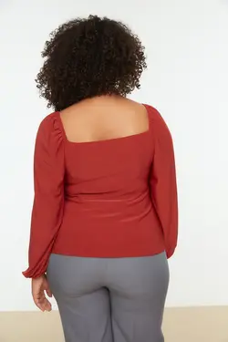 بلوز بافتنی یقه مربع آجری برند Trendyol Curve کد 1646465986