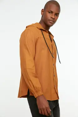 پیراهن بسته شدنی کلاهدار متناسب مردانه دکمه دار آستین بلند دارچینی برند TRENDYOL MAN کد 1645298406