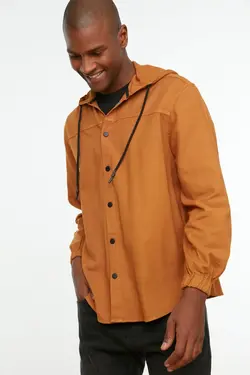 پیراهن بسته شدنی کلاهدار متناسب مردانه دکمه دار آستین بلند دارچینی برند TRENDYOL MAN کد 1645298406