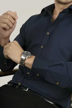 پیراهن جعبه‎دار دکمه‎دار کادو اسلیم فیت سرمه ای قهوه برند Etikmen کد 1668689891