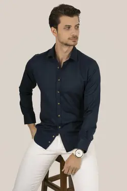 پیراهن جعبه‎دار دکمه‎دار کادو اسلیم فیت سرمه ای قهوه برند Etikmen کد 1668689891