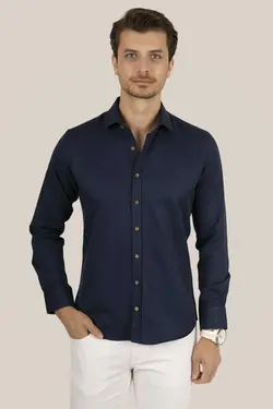 پیراهن جعبه‎دار دکمه‎دار کادو اسلیم فیت سرمه ای قهوه برند Etikmen کد 1668689891