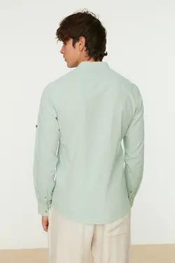 پیراهن اسلیم فیت مردانه آستین بلند سرشونه دار یقه دیپلمات ساده سبز برند TRENDYOL MAN کد 1644473812