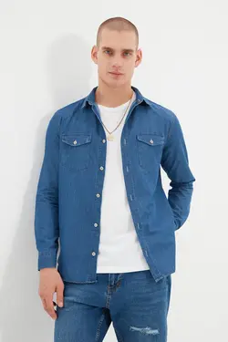 پیراهن اسلیم فیت مردانه پارچه جین آبی برند TRENDYOL MAN کد 1644392172