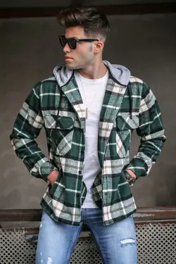 پیراهن مردانه کلاهدار سبز چهارخونه برند Madmext کد 1644075396