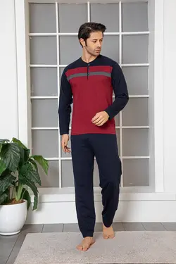 لباس راحتی بافتنی مردانه پارچه آستین بلند تیکه دار گارنیلی سرمه ای زرشکی برند MİRELLA کد 1642824776