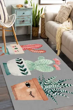 فرش قابل شستشو آشپزخانه کف طرح‎دار کاکتوس لیز نمیخورد طوسی برند Otantik Home کد 1636284003