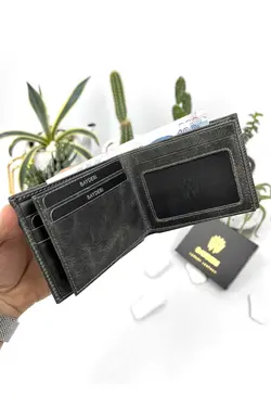 کیف پول جا کارتی محفظه ای سکه کاربردی گشاد طرح کهنه شده طوسی چرم 100% اصل برند bayderi کد 1668826330