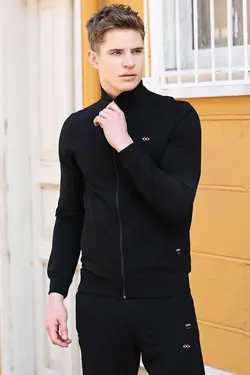 ست لباس راحتی اسلیم فیت پاچه یقه ایستاده کلاسیک زیپدار مردانه مشکی برند Tommy Life کد 1668824523