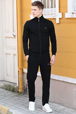 ست لباس راحتی اسلیم فیت پاچه یقه ایستاده کلاسیک زیپدار مردانه مشکی برند Tommy Life کد 1668824523