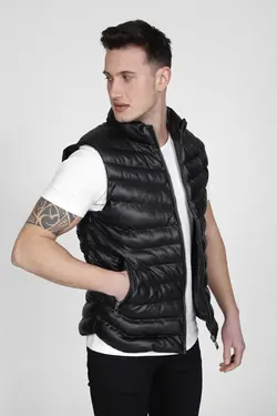 جلیقه پفدار چرم مشکی مردانه برند MODA BASKCA کد 1668765081