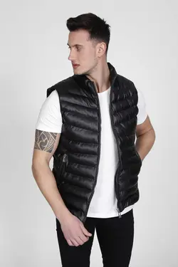 جلیقه پفدار چرم مشکی مردانه برند MODA BASKCA کد 1668765081