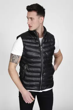 جلیقه پفدار چرم مشکی مردانه برند MODA BASKCA کد 1668765081