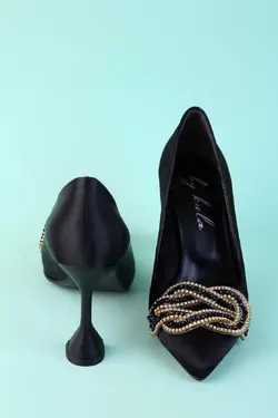 کفش پاشنه بلند جام نگین دار مروارید دوزی شده ساتن مشکی زنانه برند BirEylül Shoes کد 1669527066