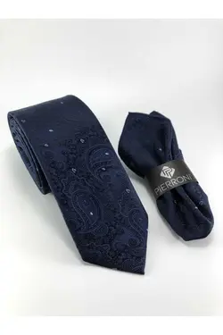 کراوات شال با دستمال طرح سرمه ای مردانه برند PİERRONİ کد 1670073322