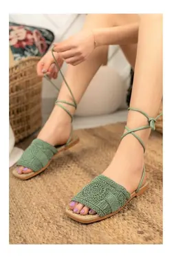 صندل راحت بافتنی فصل جدید بند مچی طناب دار توری سبز نعنایی زنانه برند Modafırsat کد 1669985963