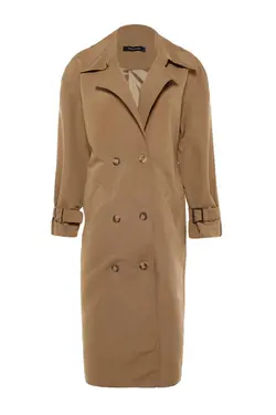 بارانی گشاد بلند ضد آب طرح‎دار کمربند‎دار چاک دار قهوه ای سموری بادگیر برند TRENDYOLMİLLA کد 1669921398