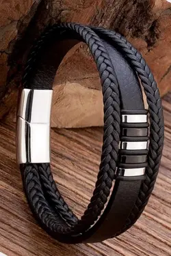 دستبند مدرن بافتنی حصیری نقره ای مشکی چرم اصل مردانه برند Gogoey کد 1669729956