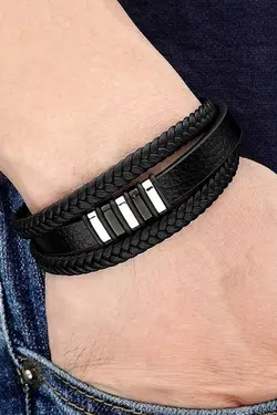 دستبند مدرن بافتنی حصیری نقره ای مشکی چرم اصل مردانه برند Gogoey کد 1669729956