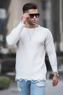 پلیور بافتنی یقه گرد طرح‎دار شیری برند Madmext کد 1675160749