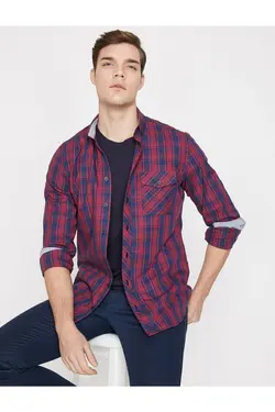 پیراهن کلاسیک مردانه یقه طرح‎دار جیبدار آستین بلند قرمز برند Koton کد 1643538244