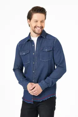 پیراهن دکمه‎دار جیب دار مردانه فلزی نواری آستین بلند آبی قرمز برند ERSOY MODA کد 1643002550