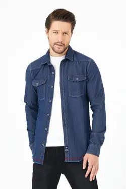 پیراهن دکمه‎دار جیب دار مردانه فلزی نواری آستین بلند آبی قرمز برند ERSOY MODA کد 1643002550