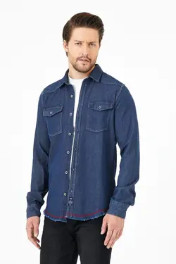 پیراهن دکمه‎دار جیب دار مردانه فلزی نواری آستین بلند آبی قرمز برند ERSOY MODA کد 1643002550