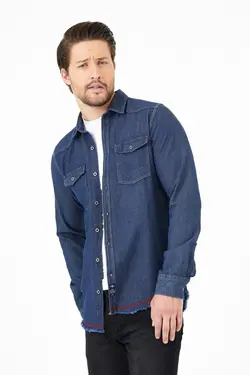 پیراهن دکمه‎دار جیب دار مردانه فلزی نواری آستین بلند آبی قرمز برند ERSOY MODA کد 1643002550