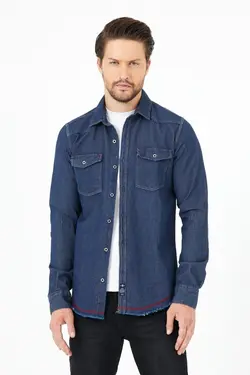 پیراهن دکمه‎دار جیب دار مردانه فلزی نواری آستین بلند آبی قرمز برند ERSOY MODA کد 1643002550