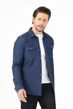 پیراهن دکمه‎دار جیب دار مردانه فلزی نواری آستین بلند آبی قرمز برند ERSOY MODA کد 1643002550