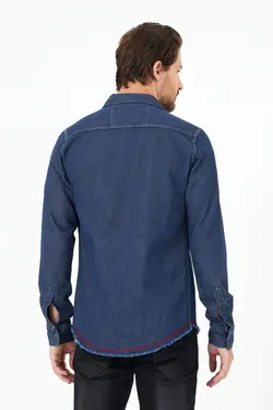 پیراهن دکمه‎دار جیب دار مردانه فلزی نواری آستین بلند آبی قرمز برند ERSOY MODA کد 1643002550