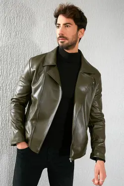 کت چرم زیپدار یشمی برند Sateen Men کد 1642663215