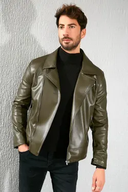 کت چرم زیپدار یشمی برند Sateen Men کد 1642663215