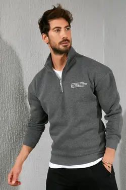 سوییشرت زیپدار چاپی نیمه خاکستری آنتراسیت برند Sateen Men کد 1642662857