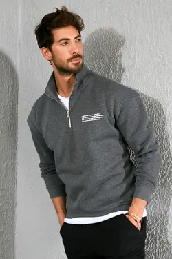 سوییشرت زیپدار چاپی نیمه خاکستری آنتراسیت برند Sateen Men کد 1642662857