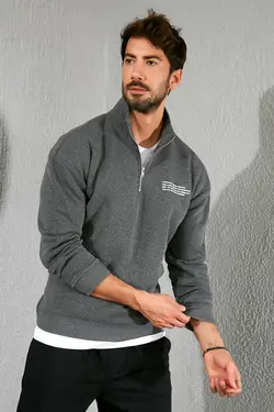 سوییشرت زیپدار چاپی نیمه خاکستری آنتراسیت برند Sateen Men کد 1642662857