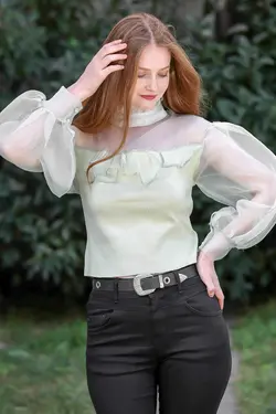 بلوز بافتنی آستین یقه دار زنانه سبز پسته ای برند Chiccy کد 1642406370