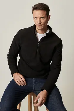 سویشرت زیپدار راحت مردانه یقه پلار روزانه مشکی استاندارد برند Altınyıldız Classics کد 1641908486