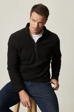 سویشرت زیپدار راحت مردانه یقه پلار روزانه مشکی استاندارد برند Altınyıldız Classics کد 1641908486