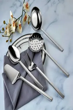 ماهی تابه ملاقه سرویس غذاخوری کفگیر ساده کارد, قاشق و چنگال مدل 12نفره 104تکه برند Homerest کد 1676581508