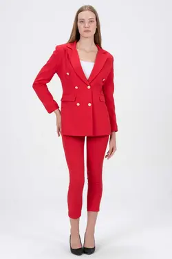 ست کت جیب دار پاچه لوله تفنگی کمربند‎دار گل اناری شلوار زنانه برند diaves کد 1676532779