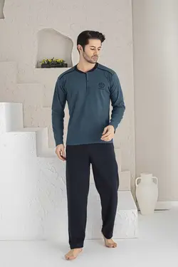 لباس راحتی بافتنی پارچه آستین بلند آرم دار آبی نفتی مردانه برند MİRELLA کد 1676649705