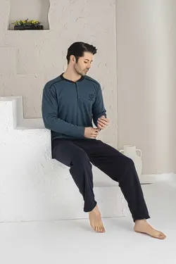لباس راحتی بافتنی پارچه آستین بلند آرم دار آبی نفتی مردانه برند MİRELLA کد 1676649705